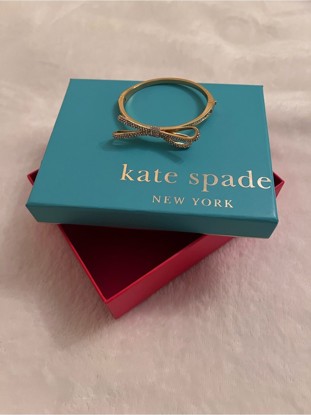 kate spade gold-tone bow crystal hinge bangle with teal box
